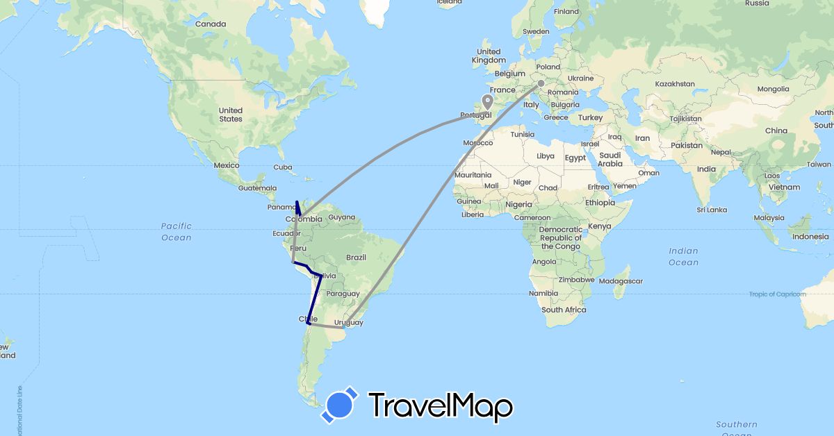 TravelMap itinerary: driving, plane, boat in Argentina, Austria, Bolivia, Chile, Colombia, Spain, Peru, Uruguay (Europe, South America)